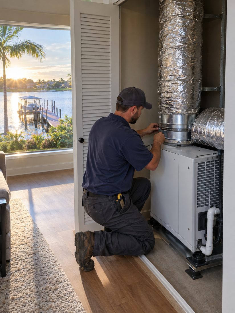 A dehumidifier tied into the ductwork in a closet inside a lakefront ranch home with a dock in Lake Clarke Shores, FL